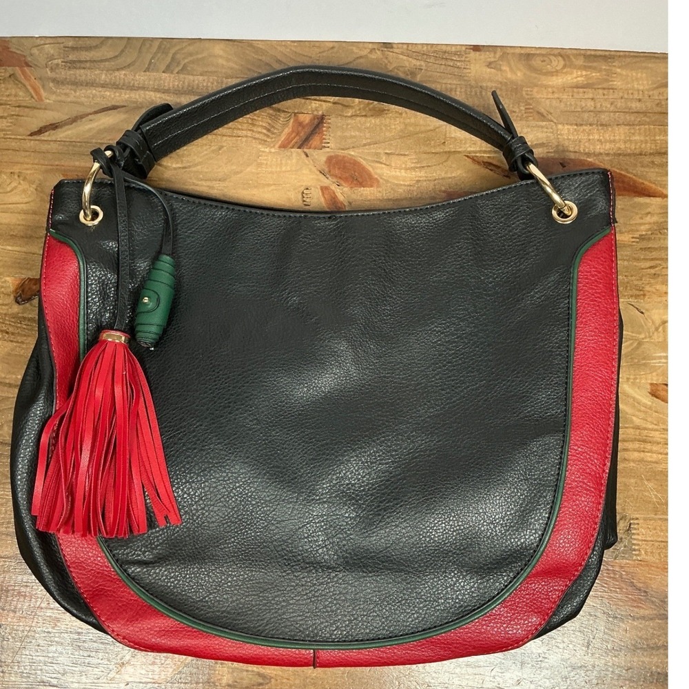 Hobo Bag Women Large Black Red Green Stripe Tassel Vegan Leather - Picture 2 of 9